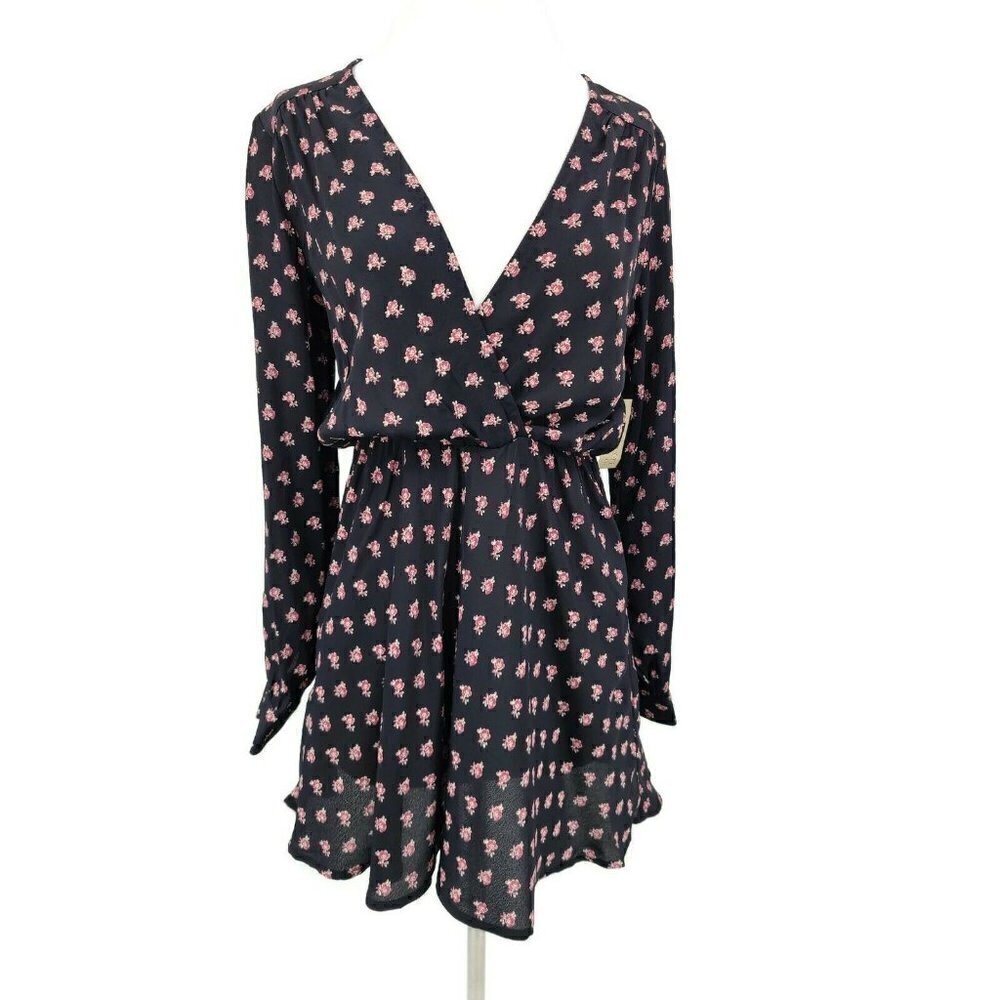 New Flynn Skye Ellie Mini Dress Womens Small Black Wine Pink Floral Long Sleeve